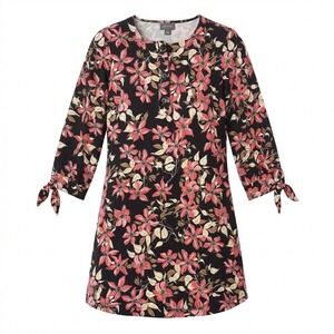 J. Jill Wearever Dress XSP Petite Black Coral Floral Knit Tie Sleeve Tunic Mini